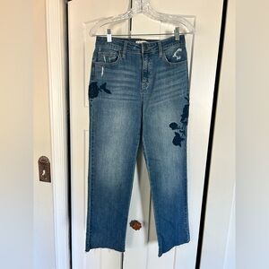 Harper Heritage Blue Floral Embroidered High Rise Straight Jeans - Size 28